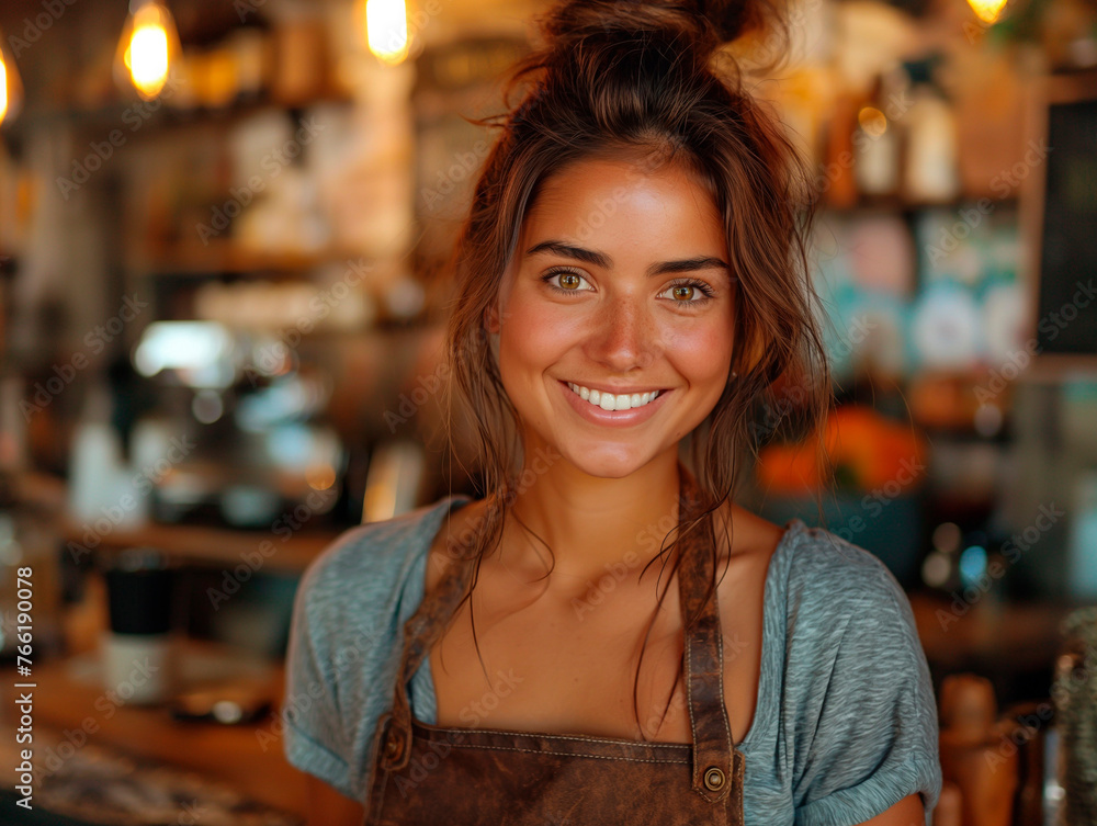Portrait of a happy female barista standing behind the counter in a coffee shop, woman in an apron looks at the camera