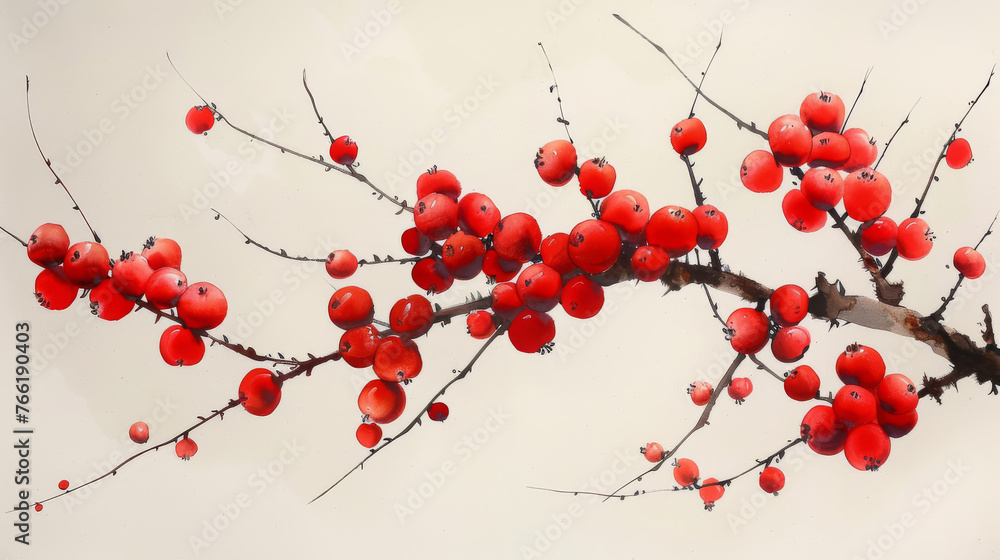 a branch of a tree with red berries hanging from it's branches, with a white sky in the background. - obrazy, fototapety, plakaty 