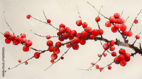  a branch of a tree with red berries hanging from it's branches, with a white sky in the background.