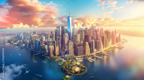World-class virtual reality technology with cities Spectacular city skyline with colorful cities, 3D illustration. Elements of this image furnished by NASA. #766190696