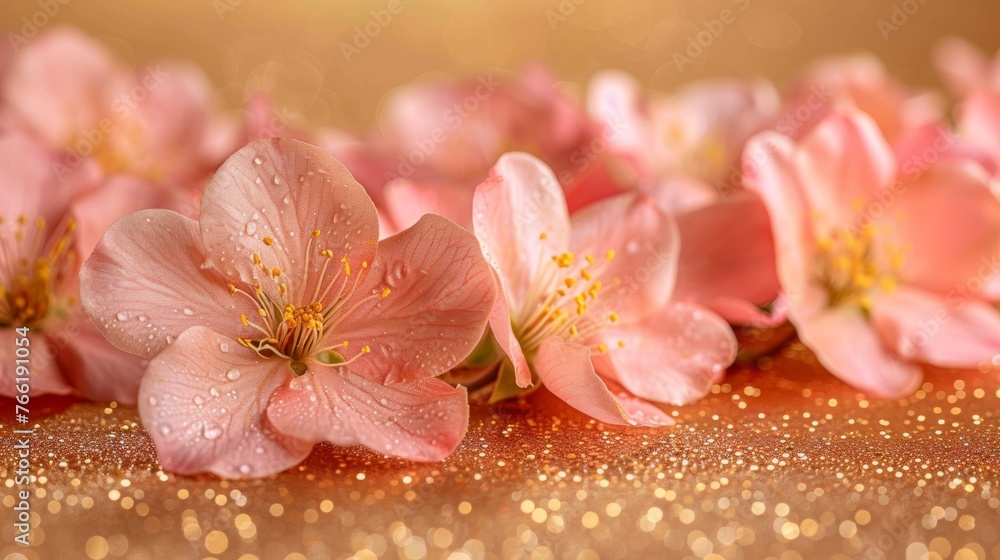 a group of pink flowers sitting on top of a table covered in gold flecks and drops of water. a group of pink flowers sitting on top of a table covered in gold flecks and drops of water.