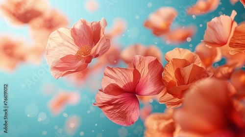  a group of pink flowers floating on top of a blue body of water in front of a bright blue sky.