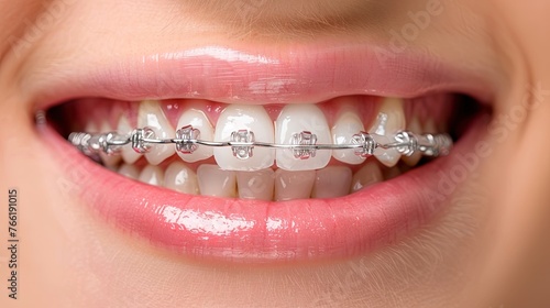 Radiant smile shines through braces in close-up photo, celebrating dental progress