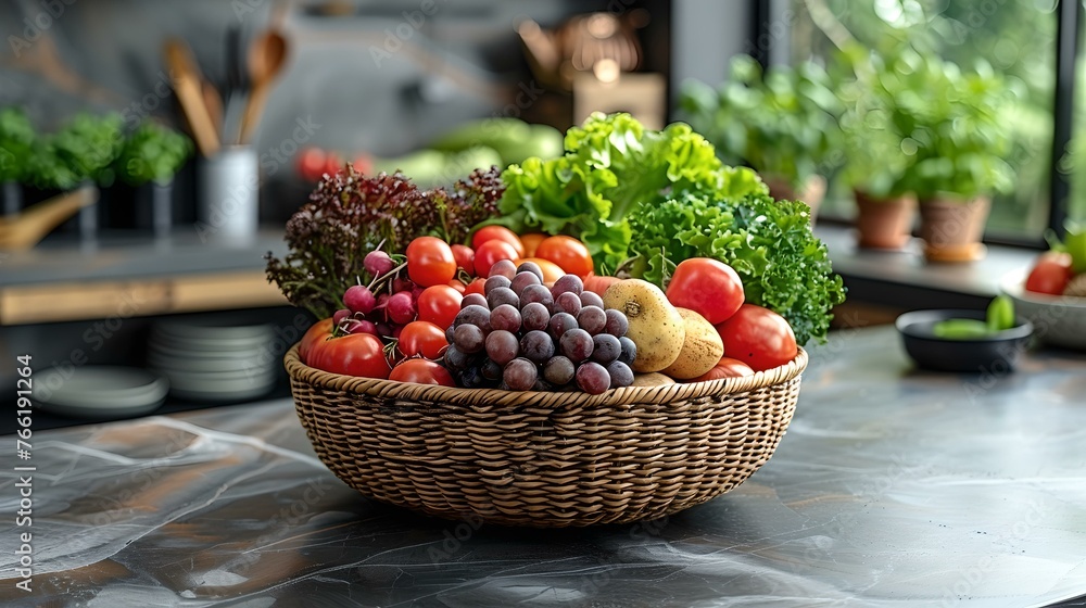 Fresh organic produce in wicker basket on kitchen counter. healthy eating concepts in modern home. lifestyle and nutrition. AI