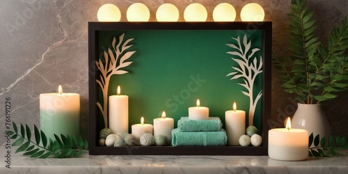 Burning candles with green framele countertop, space for text.