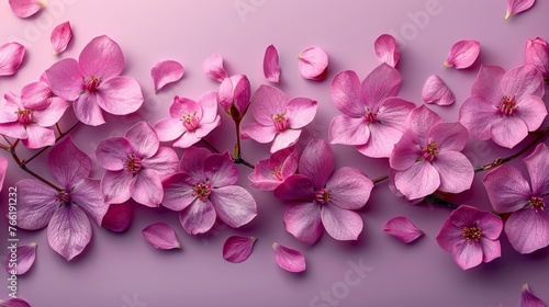  a bunch of pink flowers that are on a purple and pink background with some pink petals on top of the flowers.