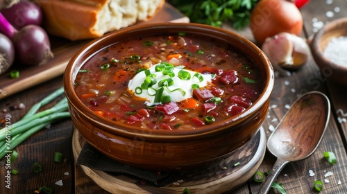 The traditional food of Ukraine is borsch, which is typically served with sour cream and green