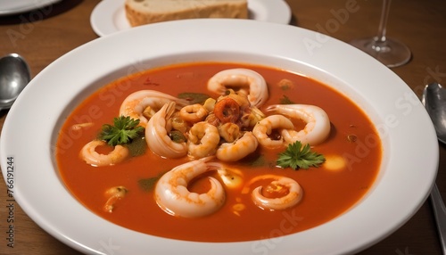 caldeirada de lulas squid seafood stew soup in spicy tomato and vegetable sauce in lisbon restaurant photo