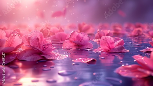  a group of pink flowers floating on top of a body of water with drops of water on the bottom of the petals.