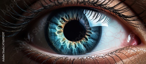 A detailed closeup of a womans electric blue eye, with light reflecting off her brown iris and long eyelashes, capturing the beauty of human body art photo