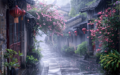 Scenery of misty rain in ancient town in Jiangnan, China,created with Generative AI tecnology. © henvryfo