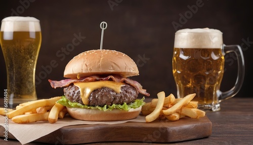 cheese and bacon gourmet beef burger with friench fries and draft beer on restaurant table