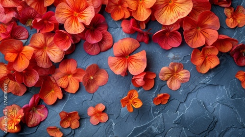  a group of red and orange flowers floating on top of a body of water next to a stone wall in the middle of the day.