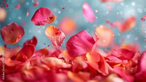  a bunch of pink and yellow flowers floating in the air with a blurry background of pink petals on a blue background.