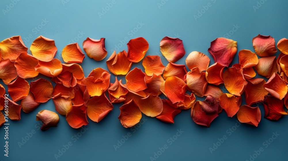 a bunch of orange flowers that are on a blue and blue surface with one flower in the middle of the picture. a bunch of orange flowers that are on a blue and blue surface with one flower in the middle of the picture.