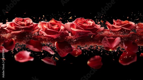  a group of red roses on a black background with water droplets on the petals and petals falling off of the petals. #766191842
