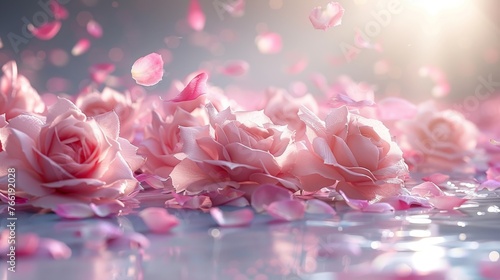  a group of pink roses floating on top of a body of water next to a bunch of pink rose petals.