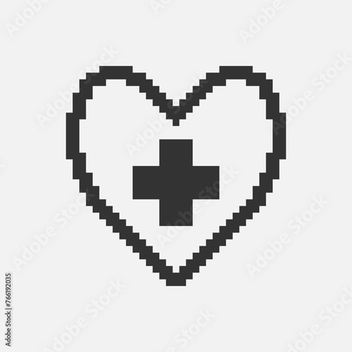 black and white simple flat 1bit vector pixel art icon of abstract heart with medical cross inside