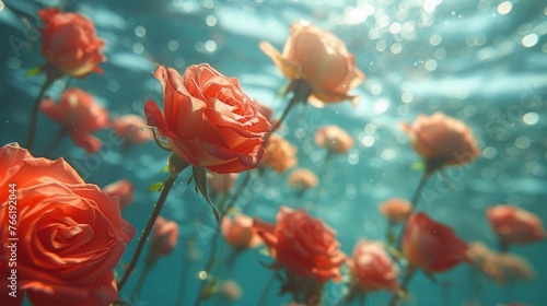  a bunch of red roses floating in the water with bubbles on the surface of the water and sunlight shining on them. © Shanti