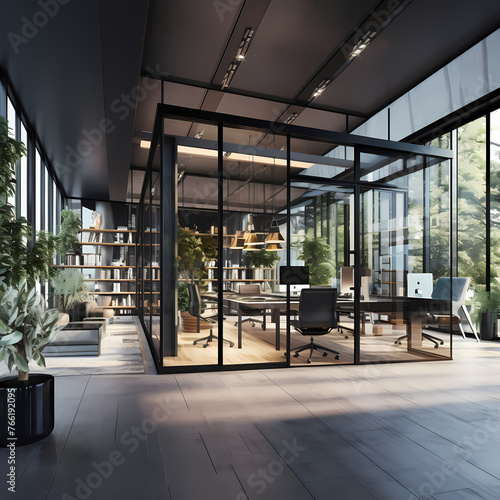 A modern office with glass walls and open spaces. 