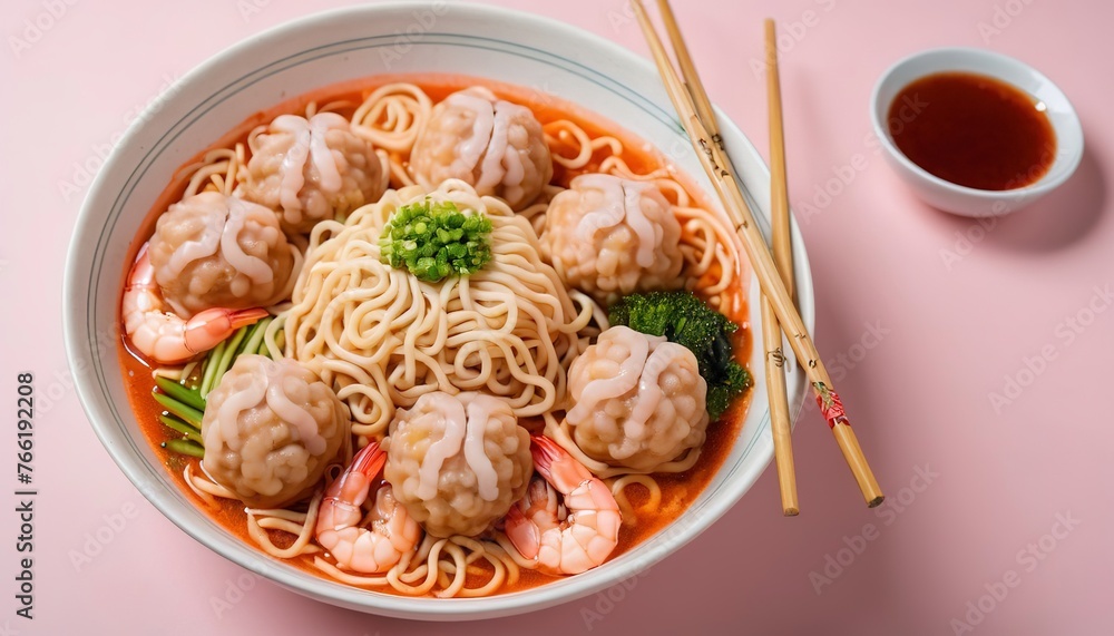 egg noodles with fish balls and shrimp balls in pink sauce, Yen Ta Four or Yen Ta Fo - Asian food style