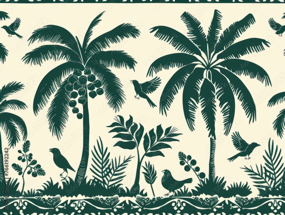 Wallpaper featuring green and white pattern with illustrations of birds and palm trees