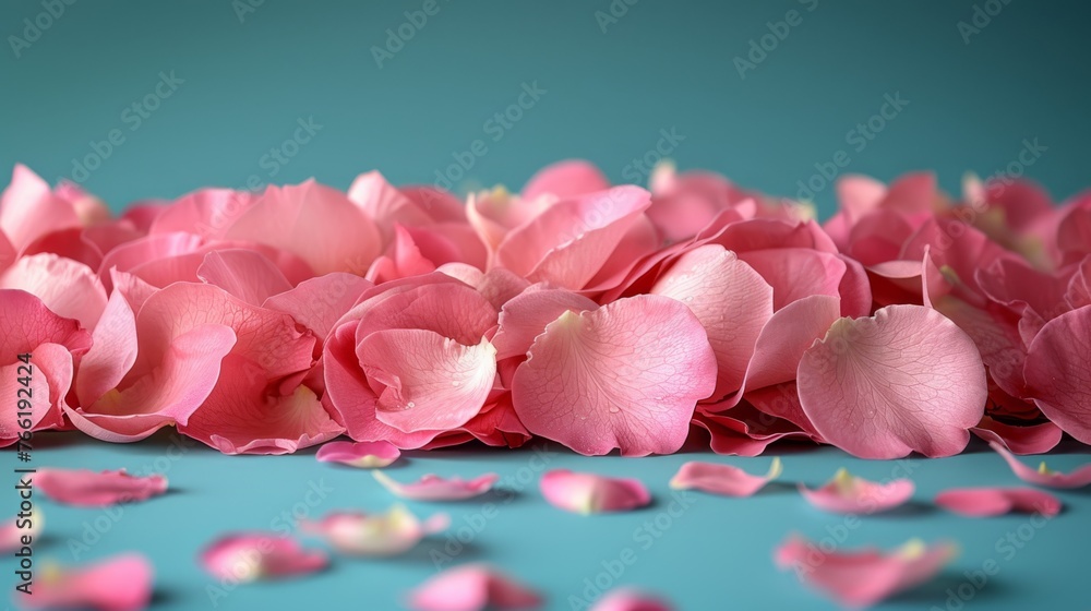 a bunch of pink flowers laying on top of a blue surface with petals scattered on the ground next to it. a bunch of pink flowers laying on top of a blue surface with petals scattered on the ground next to it.