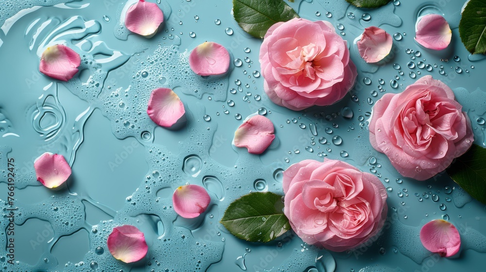  a group of pink roses floating on top of a blue surface with water droplets and green leaves on top of the petals.