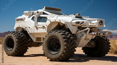 Robust military vehicle in a desert landscape, showcasing toughness and durability. all-terrain armored car ready for challenging conditions. conceptualize modern warfare transportation. AI photo
