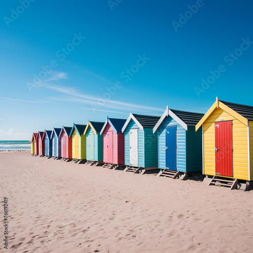A row of colorful beach huts under a clear blue sky © Cao