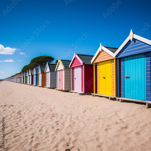 A row of colorful beach huts under a clear blue sky © Cao