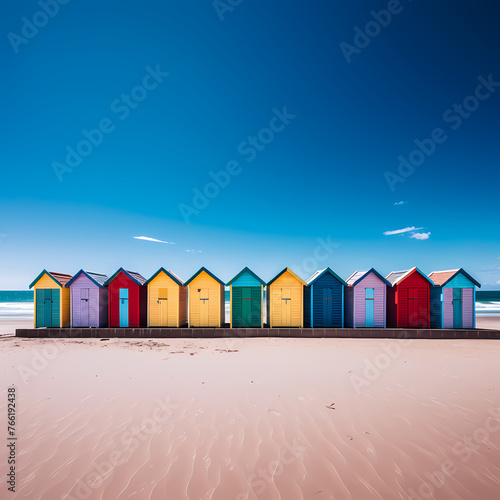 A row of colorful beach huts under a clear blue sky