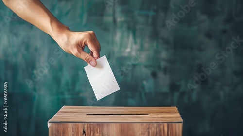Hand inserting a ballot into a wooden box, symbolizing voting. democracy in action, simple and clear. rights exercise, election day moment captured. AI photo
