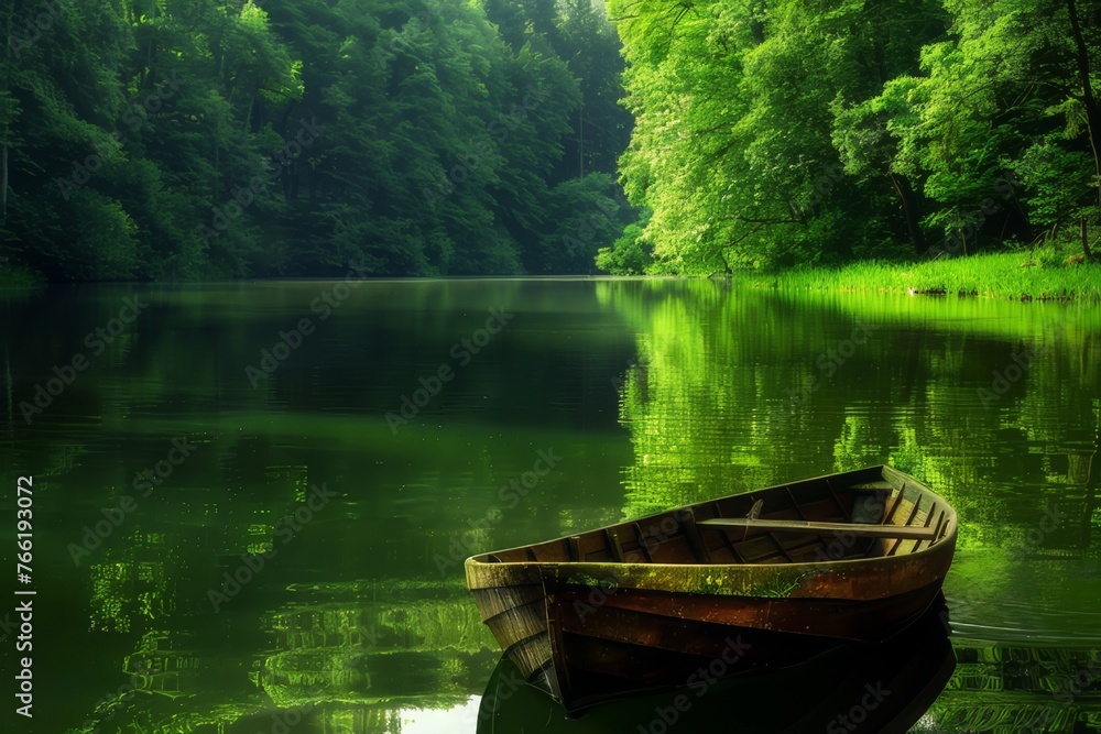A small wooden boat peacefully rests next to the tranquil coastline, its reflection mirrored in the lush greenery A small wooden boat peacefully rests next to the tranquil coastline, its reflection mirrored in the lush greenery