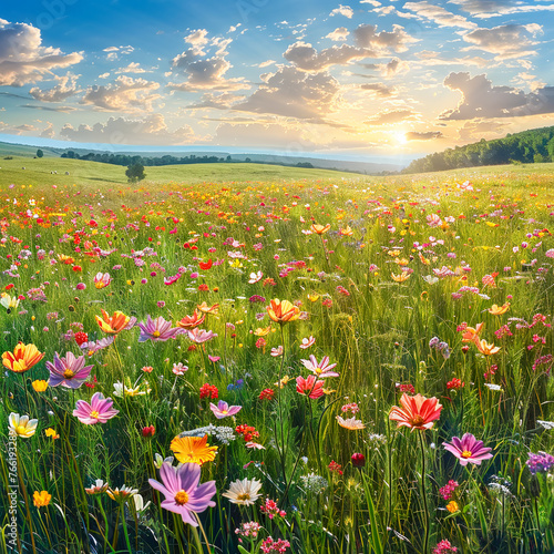 natural colorful summer meadow with many flowers under a blue sky