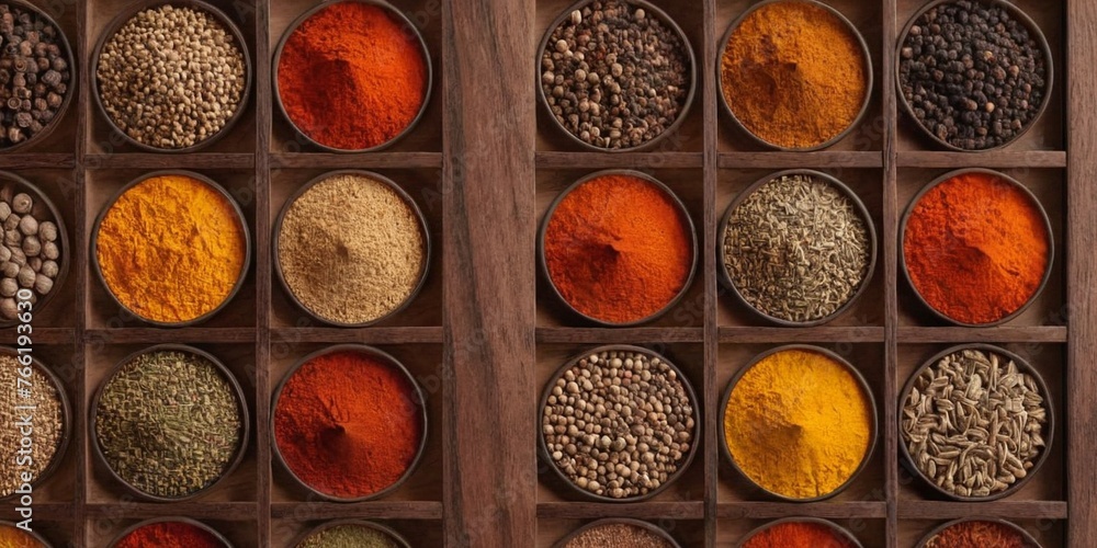 Colorful spices in wooden box, top view. Food background. Colorful spices in wooden box, top view. Food background.