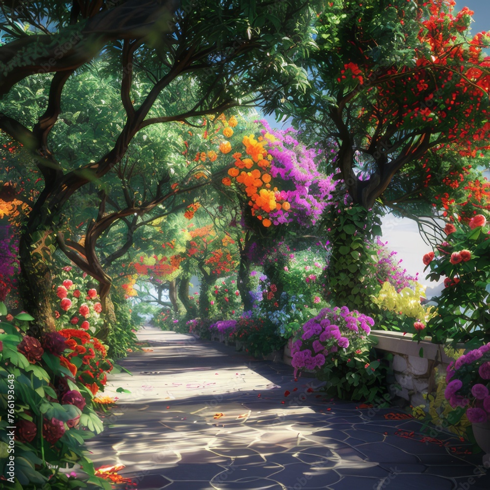 The terrace garden features a blend of large trees with branches extending to the ground and scattered colorful flowers, infusing the space with vibrancy and serenity.
