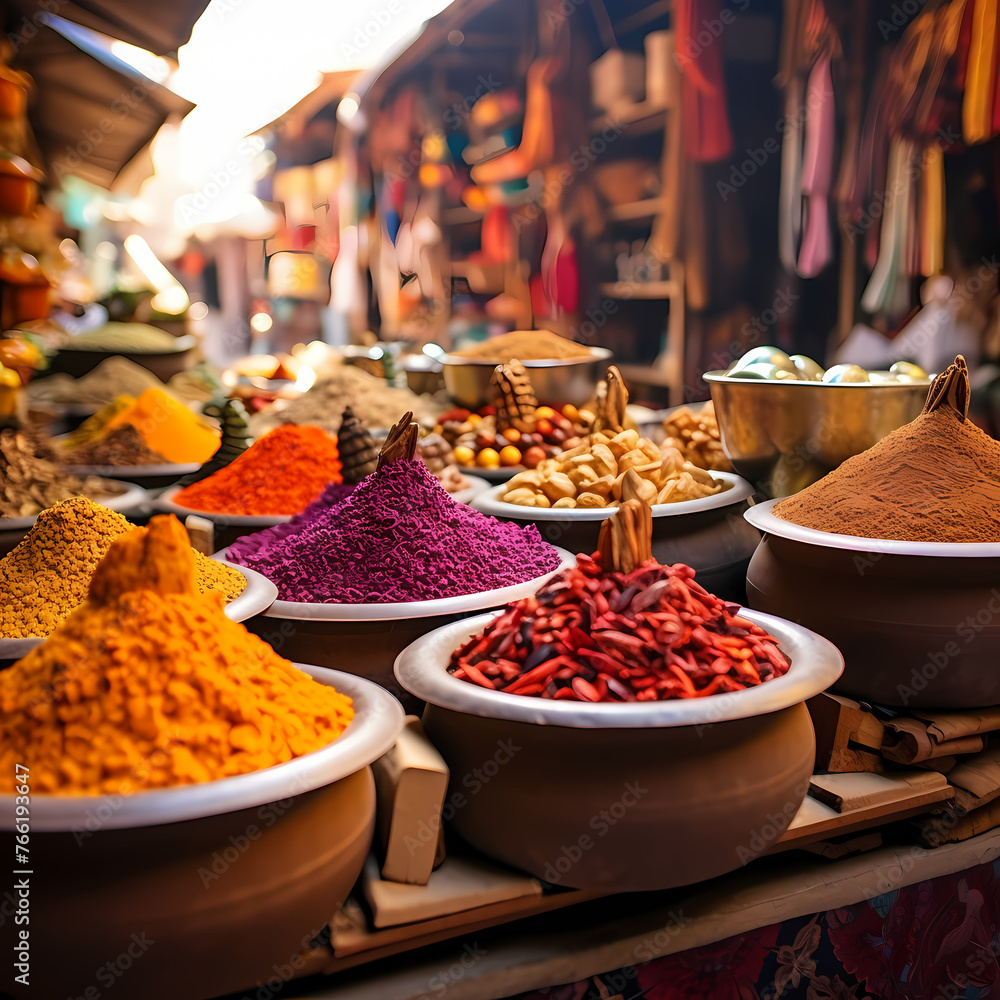 A traditional market in Marrakech with colorful spices