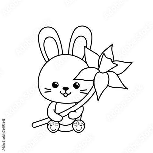 Coloring page with rabbit holding big narcissus. Black and white bunny and flower. Vector