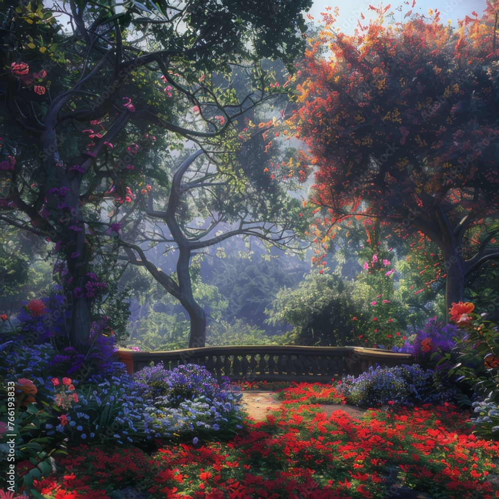 The terrace garden features a blend of large trees with branches extending to the ground and scattered colorful flowers, infusing the space with vibrancy and serenity.