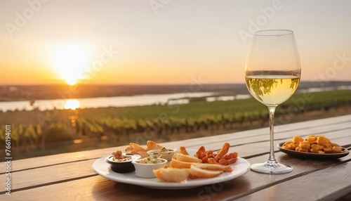 glass of white wine with gourmet food tapa snacks in outdoors bar at sunset