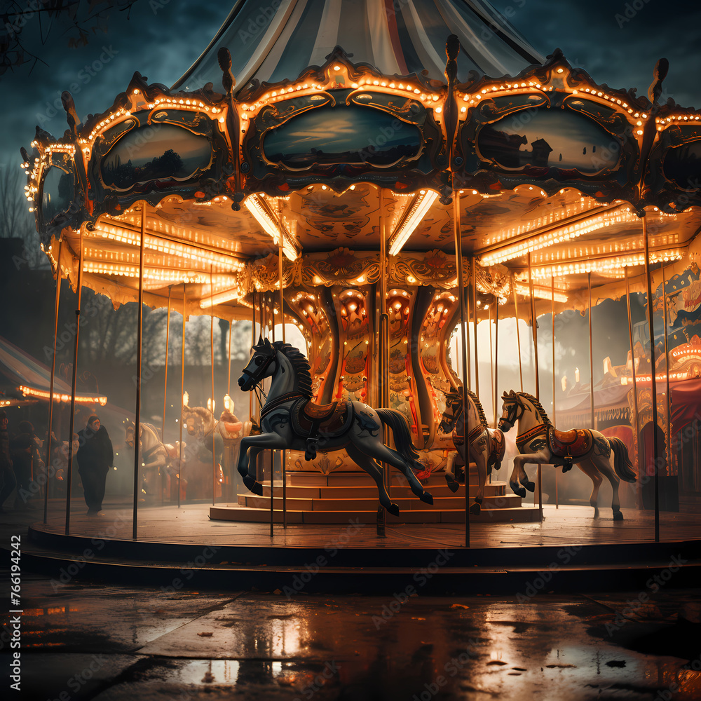 A vintage carousel in motion at a carnival. 