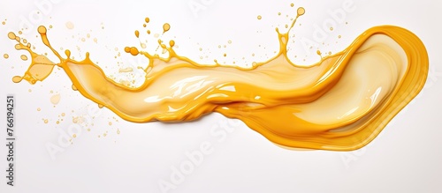 A splash of orange juice creates a fluid gesture of amber liquid on a white background, resembling a macro photography art piece or a painting in a cuisine ingredient font