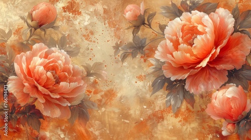  a painting of a bunch of flowers on a brown and orange background with leaves and flowers on the left side of the frame.
