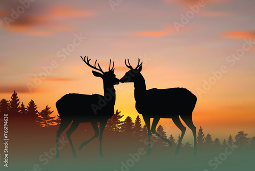 two deers at orange sunset illustration © Alexander Potapov
