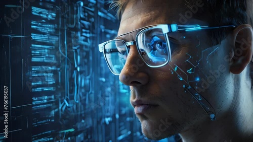 Wallpaper Mural Profile of a man wearing transparent glasses displaying digital data, suggesting advancements in science and technology and future computing.
 Torontodigital.ca