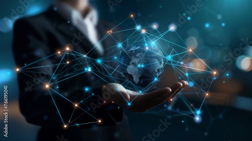 Blockchain technology and network concept. Businessman holding text blockchain in hand with icons network connection on blue security and digital connection