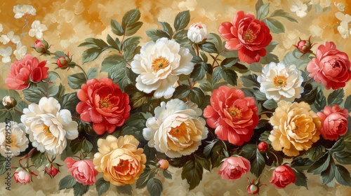  a painting of red, white and yellow flowers on a yellow and beige background with leaves and flowers in the foreground.