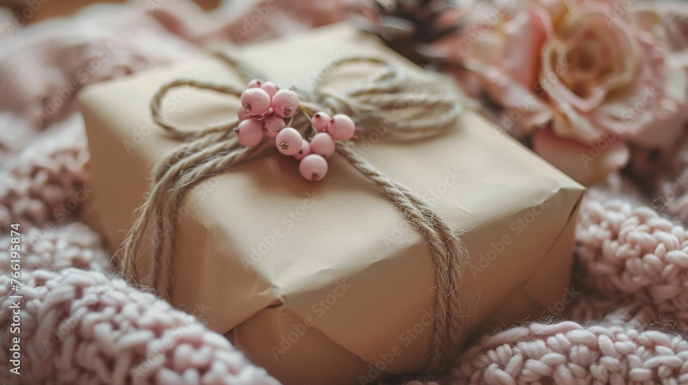 a gift wrapped in brown paper and tied with twine with pink flowers on top of a pink and white blanket. a gift wrapped in brown paper and tied with twine with pink flowers on top of a pink and white blanket.