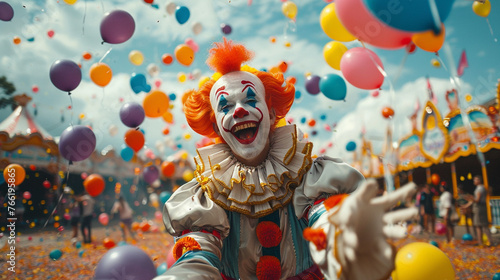 A man wearing a clown costume juggles balls and balloons at a carnival.